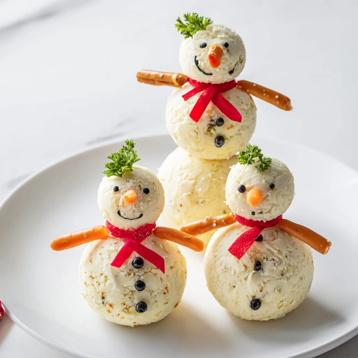 A trio of adorable Snowman Cheese Balls, festive appetizers with carrot noses and pretzel arms.