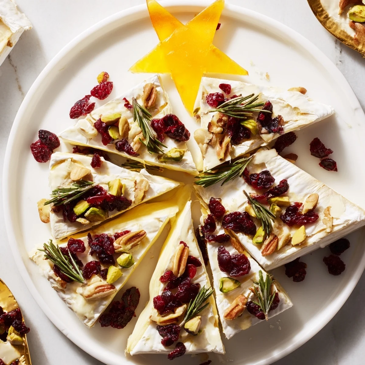 Creamy Simple Brie Triangle Cheese Tree appetizer, adorned with cranberries and pistachios, ready to serve.