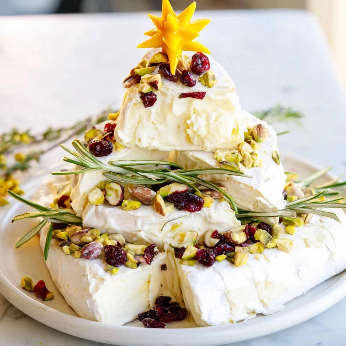 Festive Simple Brie Triangle Cheese Tree presentation, with vibrant rosemary and nuts for a holiday appetizer.