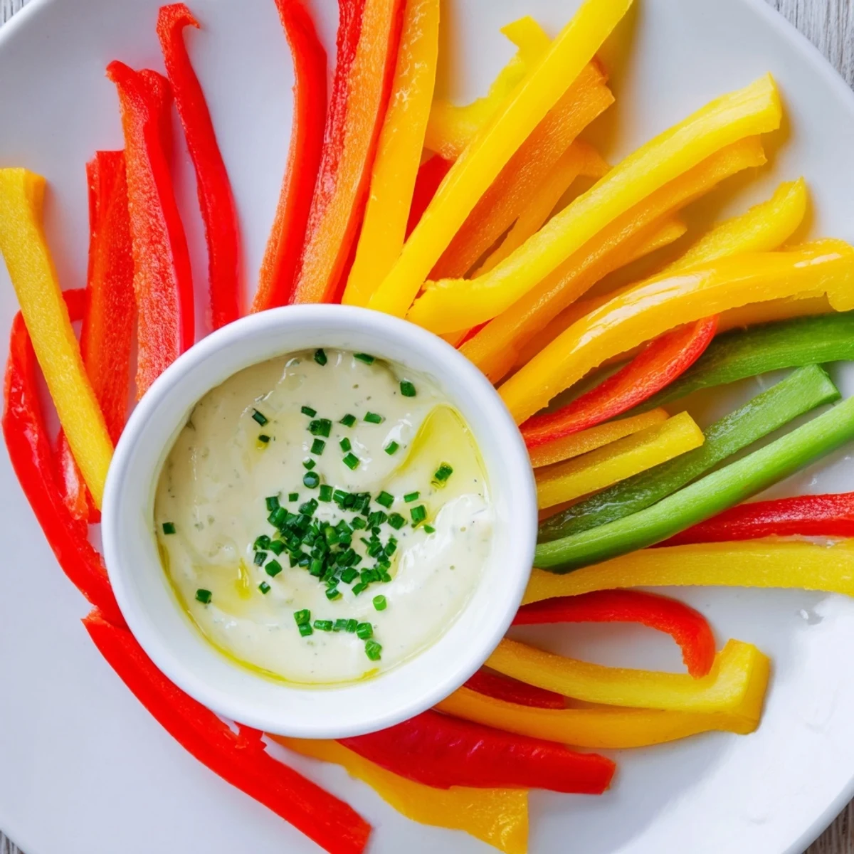 Crisp bell pepper strips arranged artistically around creamy Greek yogurt dip, a healthy snack.