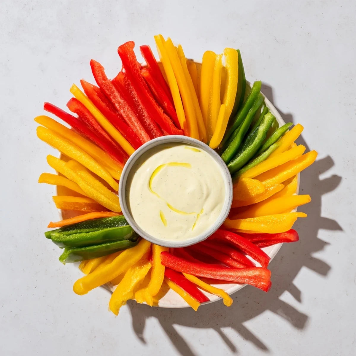 Fresh, colorful bell pepper strips and cool, tangy Greek yogurt dip, perfect for dipping and sharing.