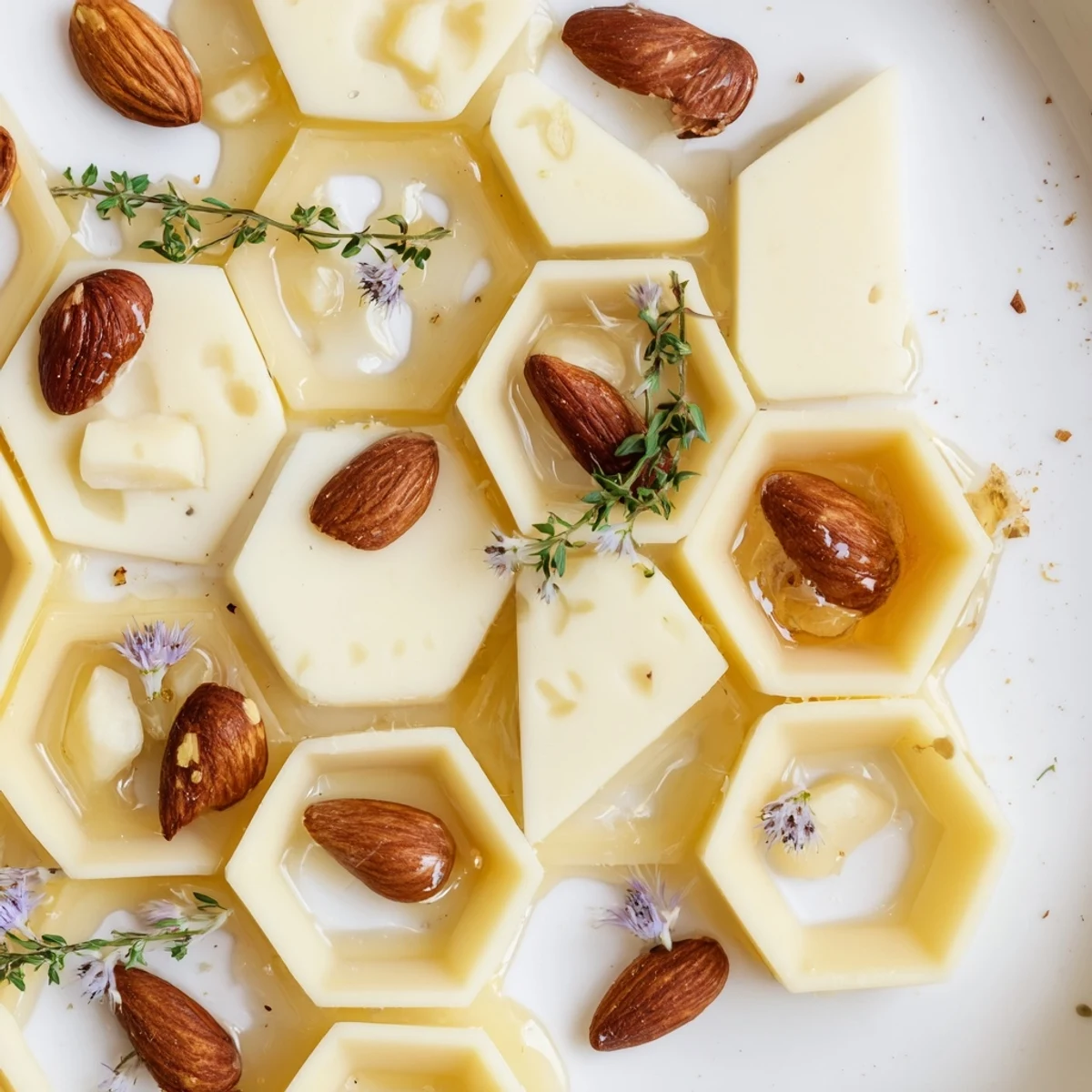 Golden honey cascades over a geometric honeycomb hexagon maze cheese platter filled with nuts.