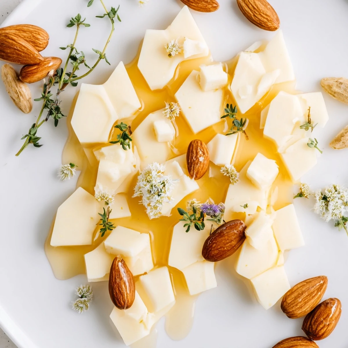 Close-up of a honeycomb hexagon maze cheese board appetizer, brimming with colorful cheeses and toppings.
