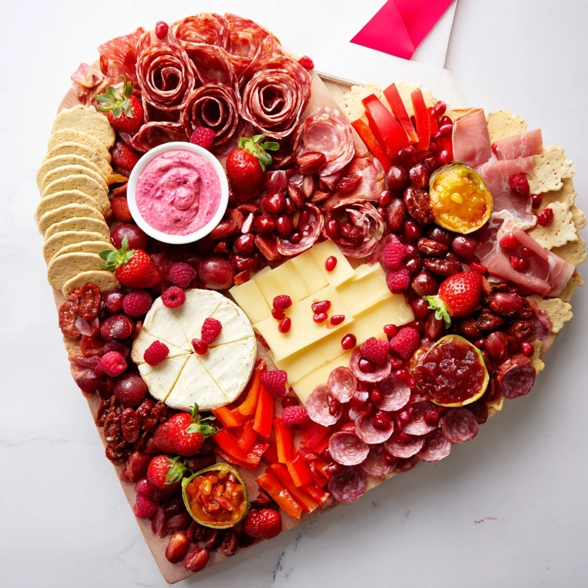 Romantic The Heart of Romance Board overflowing with fresh fruits, meats, cheeses and sweet treats for sharing.