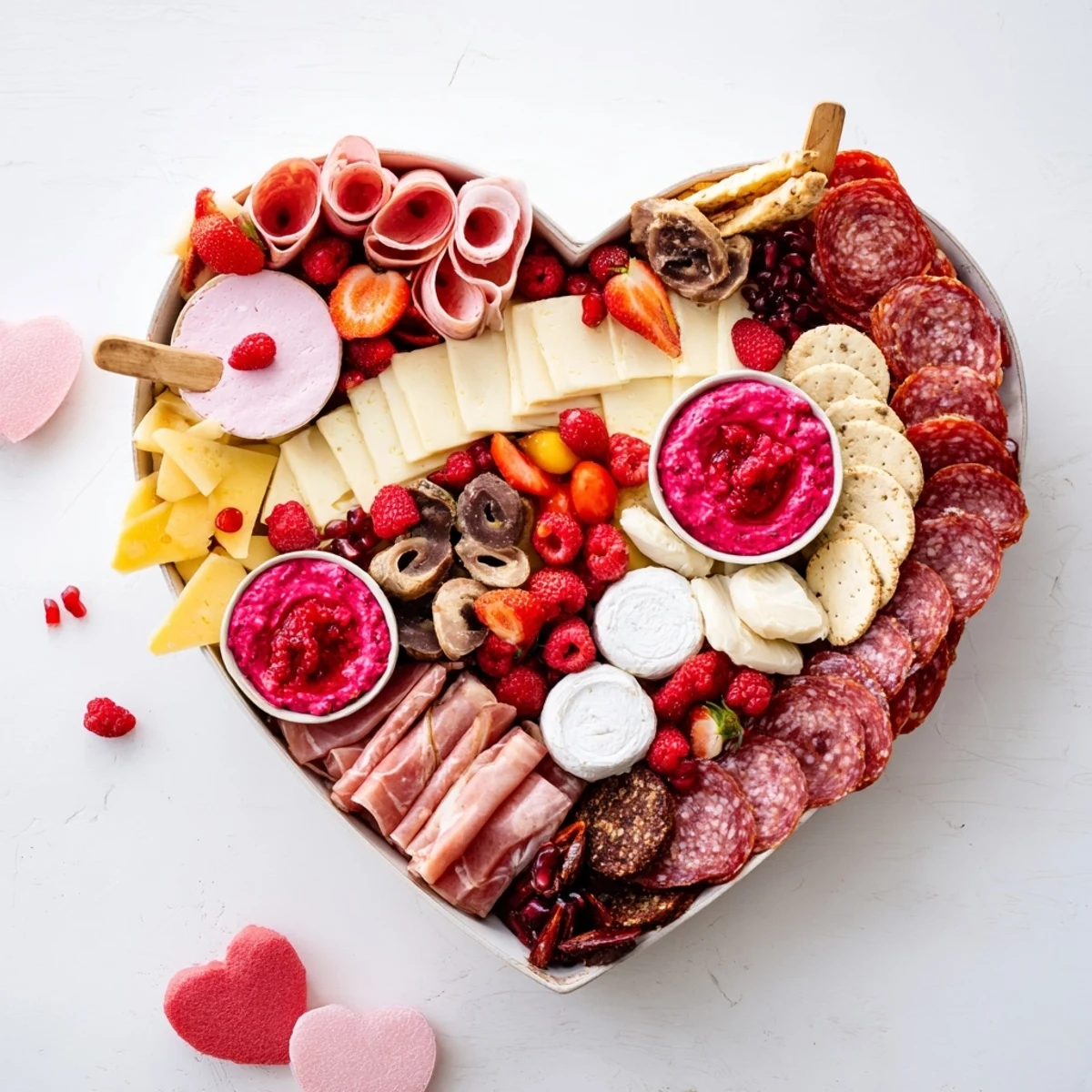 A beautiful close-up reveals a delicious Heart of Romance Board, perfect for a romantic date night spread.