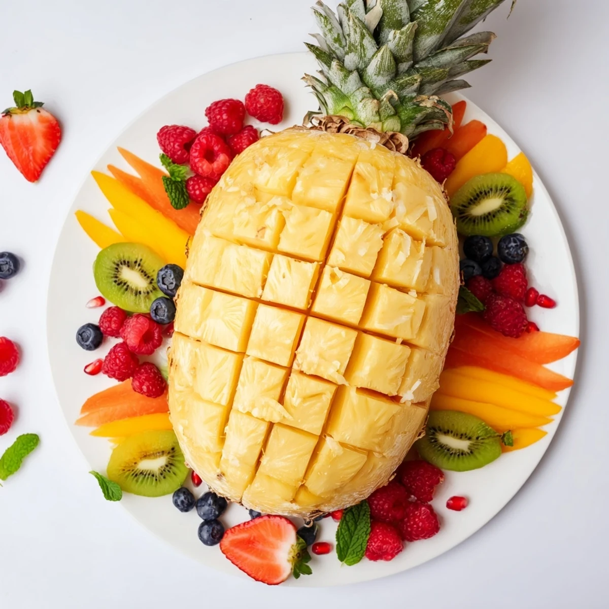 Vibrant Tropical Pineapple Paradise fruit platter, showcasing a ripe pineapple and assorted colorful fruits.
