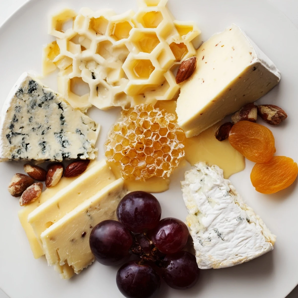 A beautiful "Gilded Hive" cheese board with artfully arranged, hexagon-cut cheeses and crackers.