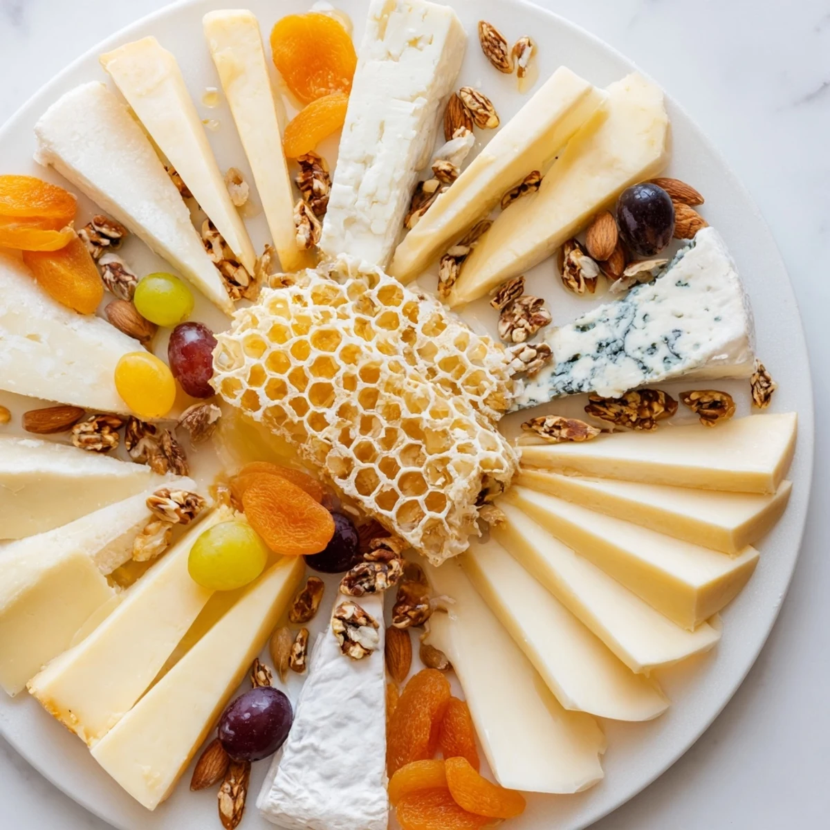 The "Gilded Hive" is a cheese and cracker board, including a stunning honeycomb centerpiece and colorful garnishes.