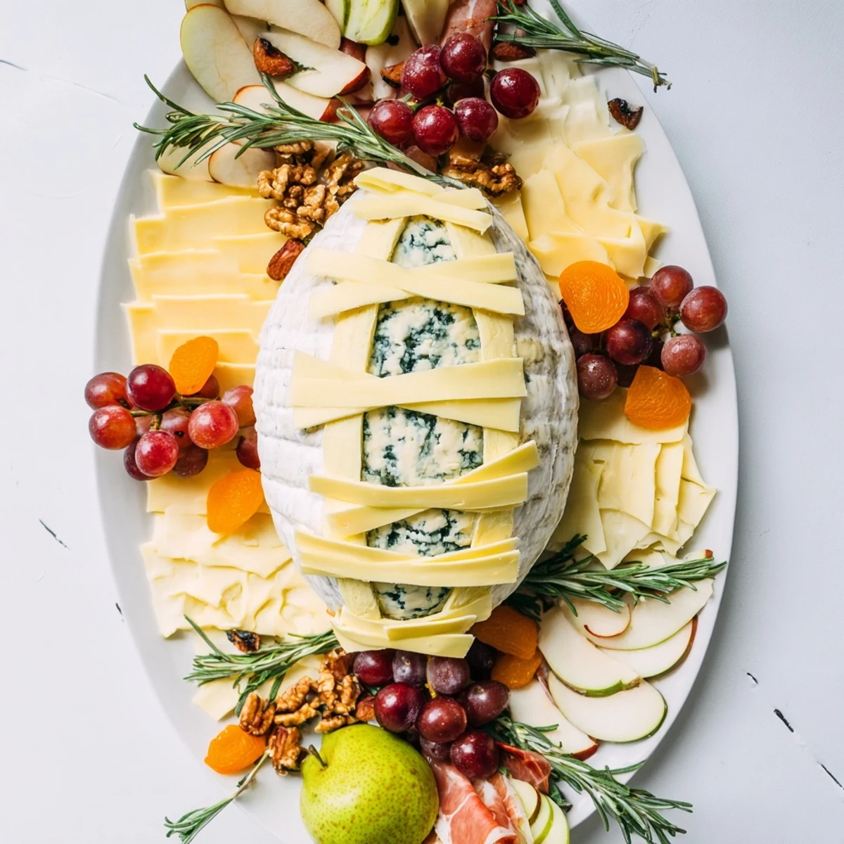 Rugby Ball Cheese Board with artful cheese wedges, fruits, and charcuterie, ready to serve this party snack.