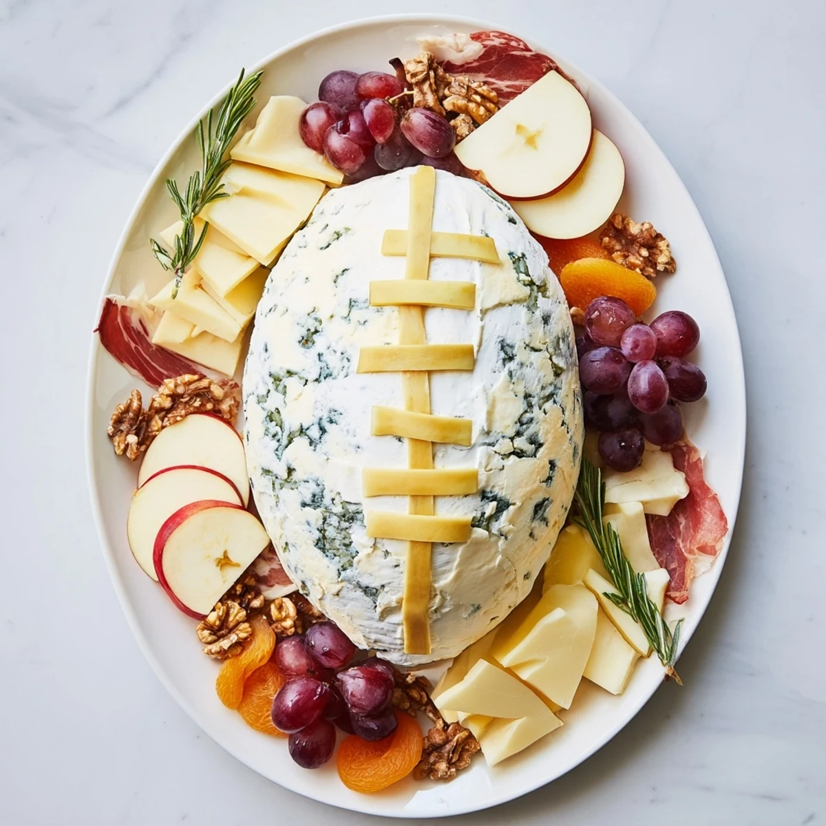 Beautifully arranged Rugby Ball Cheese Board featuring creamy brie, colorful fruits, and savory meats.