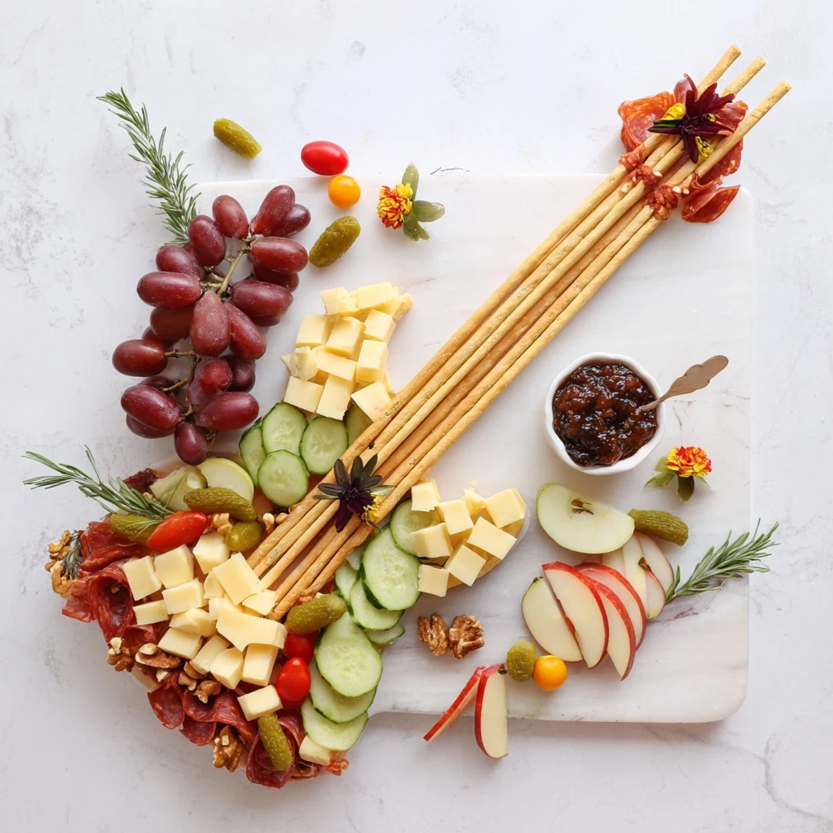 Rock Star Guitar Platter: A vibrant guitar-shaped appetizer platter with cheeses, meats, and delicious snacks.