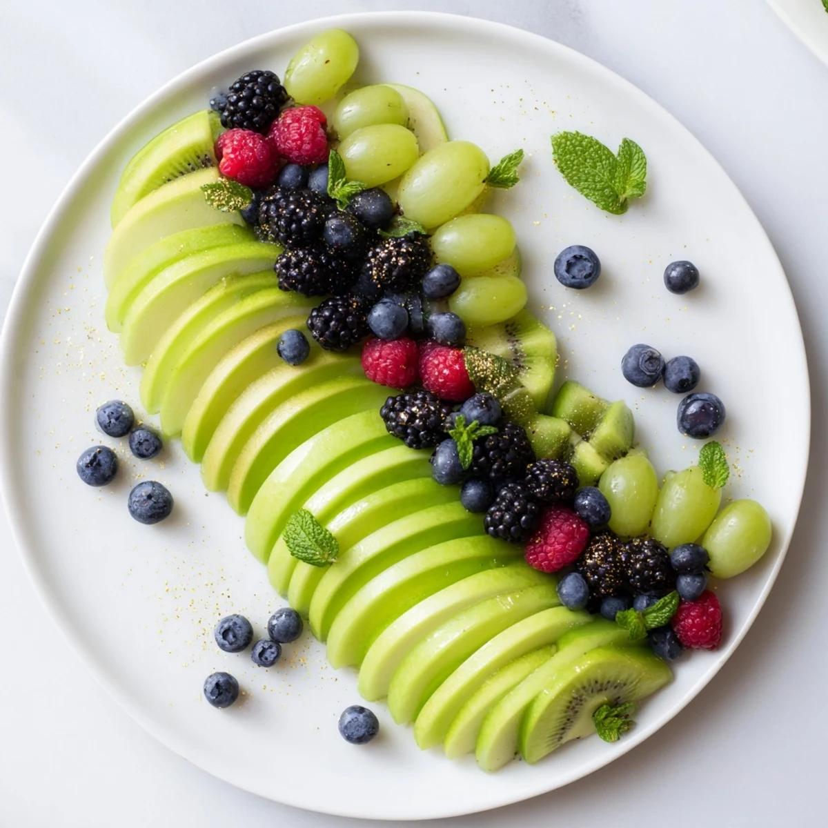 A gorgeous Aurora Borealis Sweep fruit platter glows with fresh green and purple fruits.