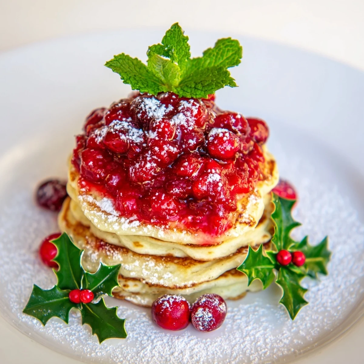 Enjoy a visually appealing Brunch Board, a towering pancake stack artfully decorated with sweet berry holly.
