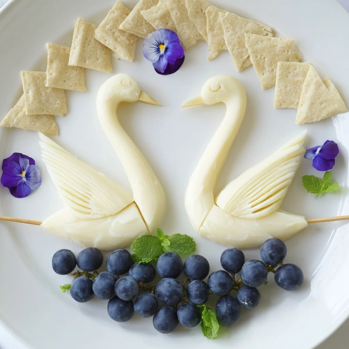 Elegant Swan Lake Board with cheese swans and grapes creates a stunning appetizer spread.