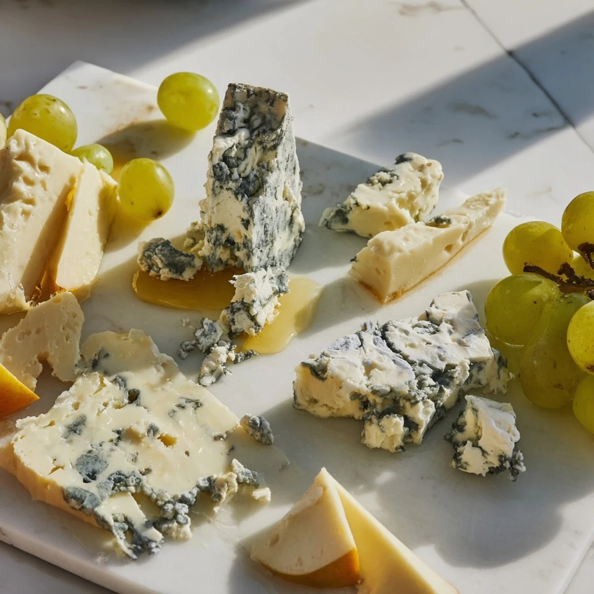 The Marble Quarry cheese board features bold blue cheese and cheddar chunks on marble.