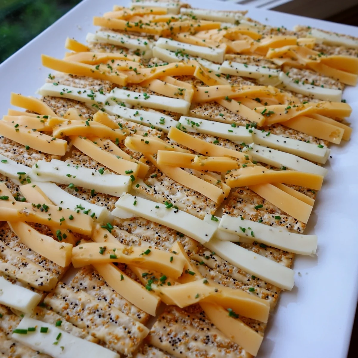 A beautiful Garden Gate Lattice appetizer, cheese and cracker rows woven in a lattice pattern.