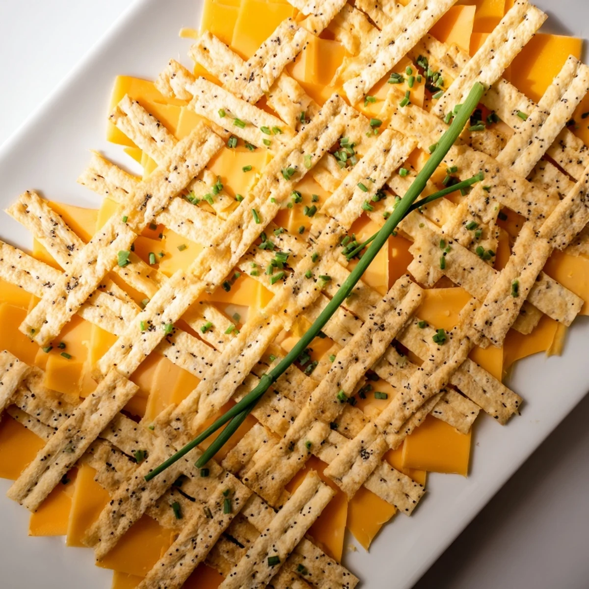 Enjoy a savory Garden Gate Lattice, an easy appetizer with a woven cheesy cracker design, ready to serve.