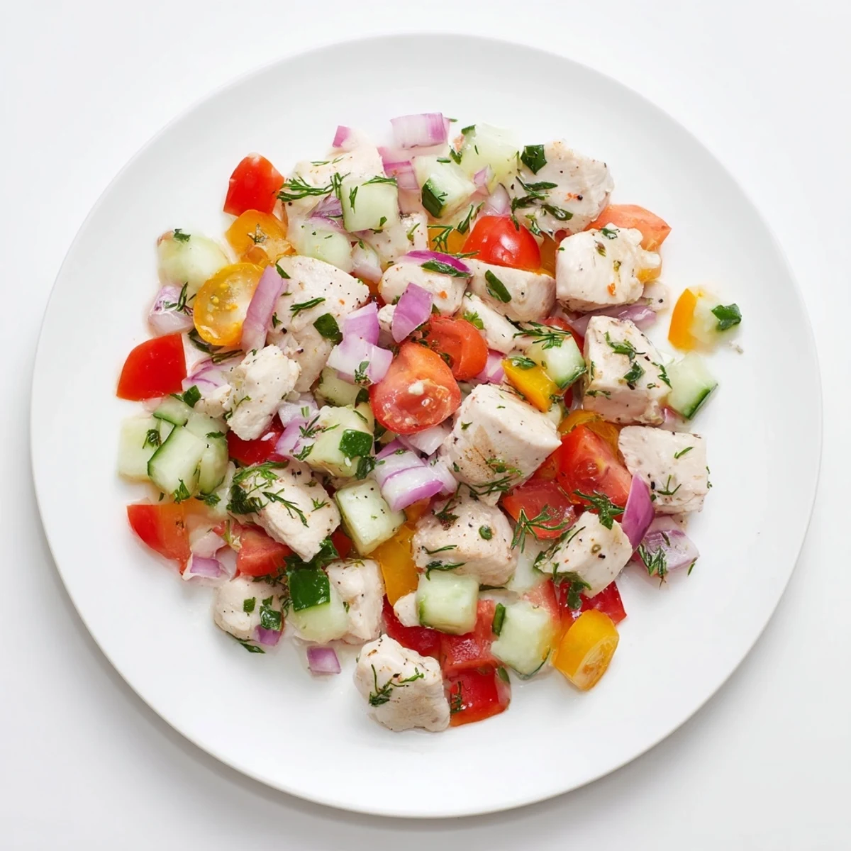 Close-up of a refreshing Cucumber and Chicken Clean Shaker with tender chicken and crisp cucumber pieces.