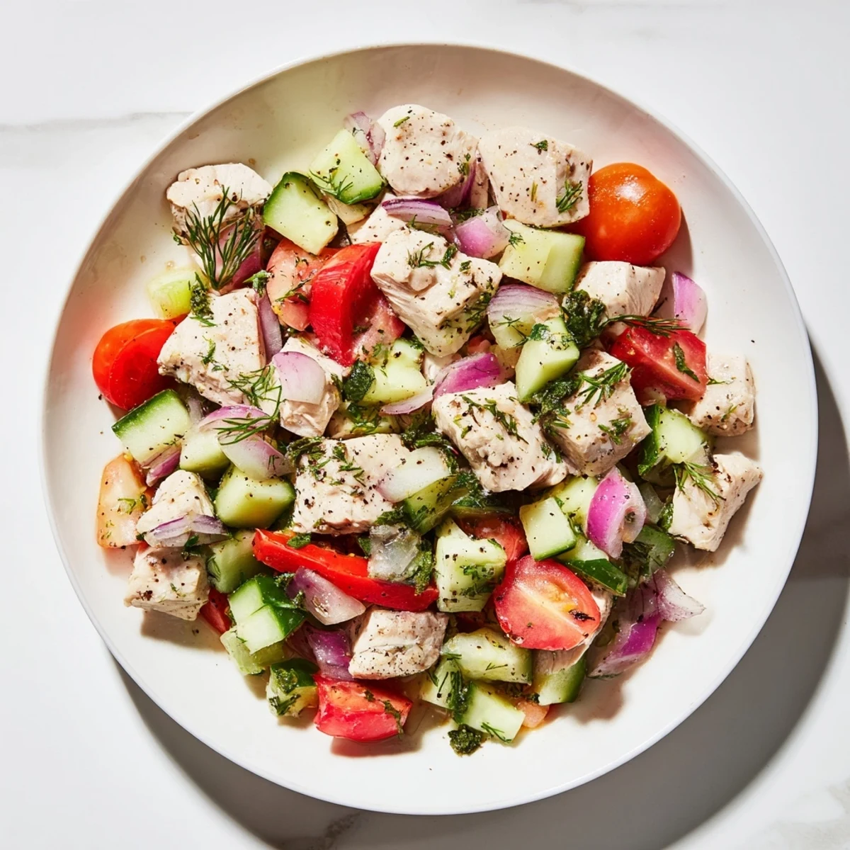 A beautifully arranged Cucumber and Chicken Clean Shaker salad, perfect for a light, healthy lunch option.