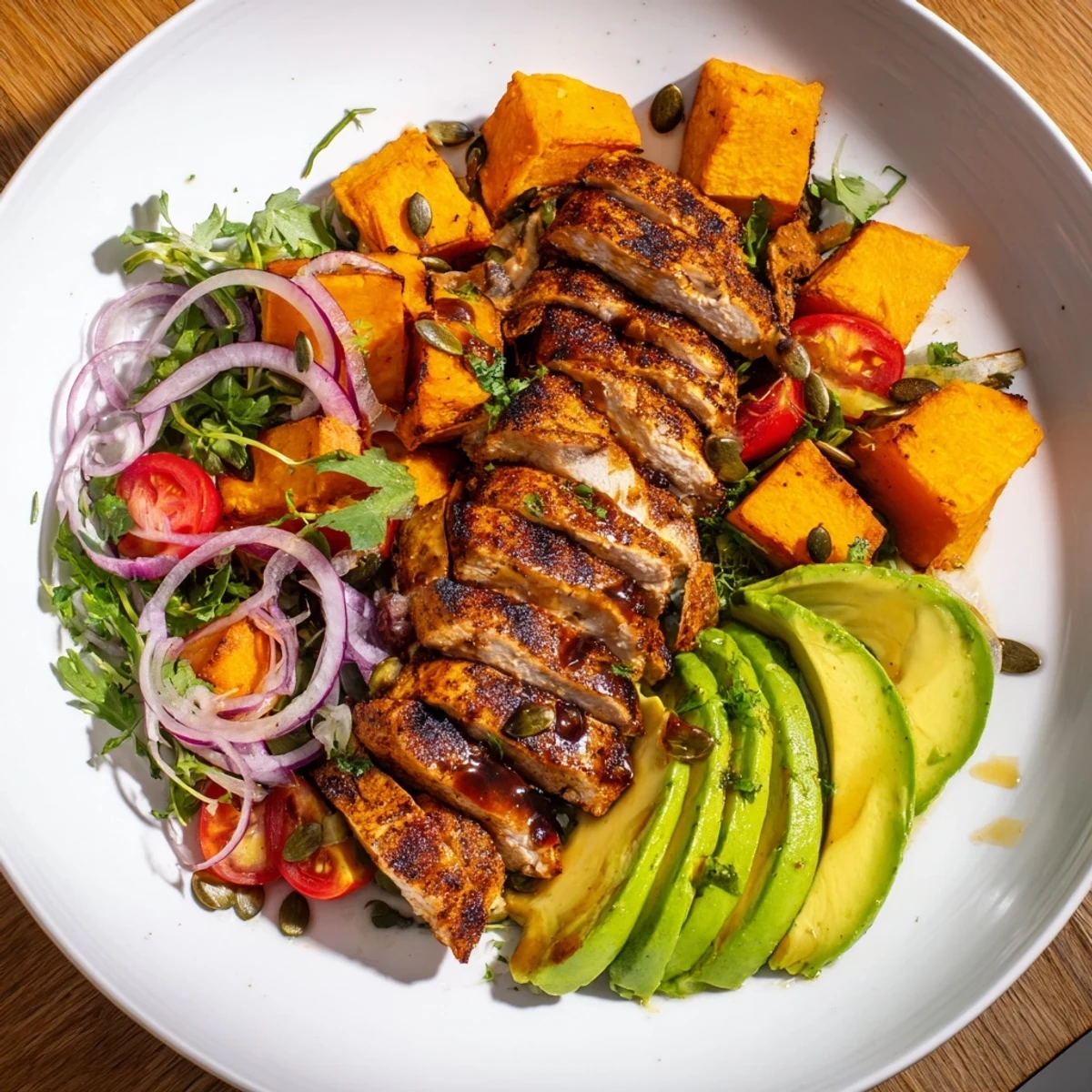 Vibrant Avocado and Sweet Potato Chicken Bowl with grilled chicken glistening and ready to eat.