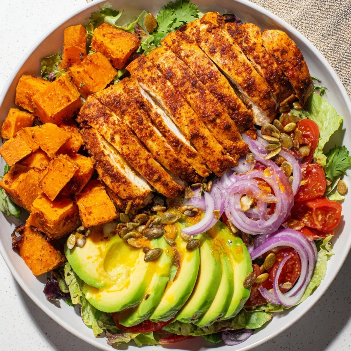 A colorful Avocado and Sweet Potato Chicken Bowl, complete with hot honey drizzle, enticing the taste buds.