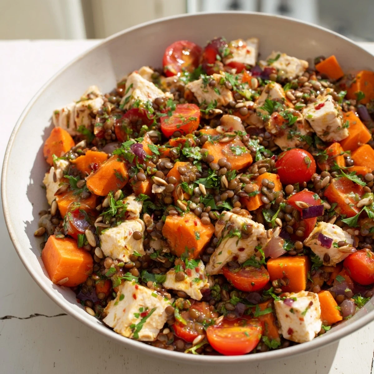 Chicken and Lentil Recession Salad: a vibrant bowl of chicken and lentils with fresh veggies and bright dressing.