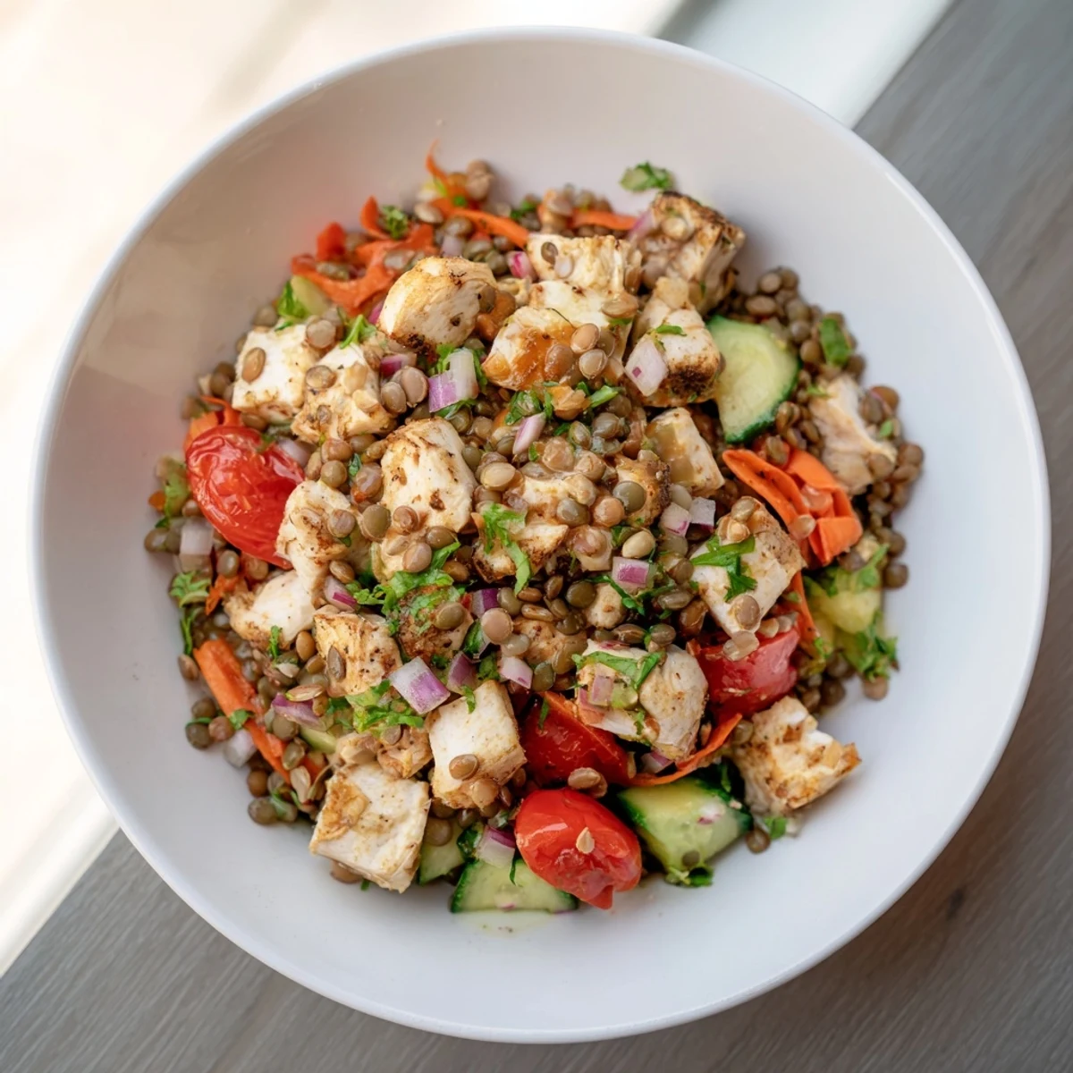 Delicious, healthy Chicken and Lentil Recession Salad, a budget-friendly lunch with cooked chicken and fresh additions.