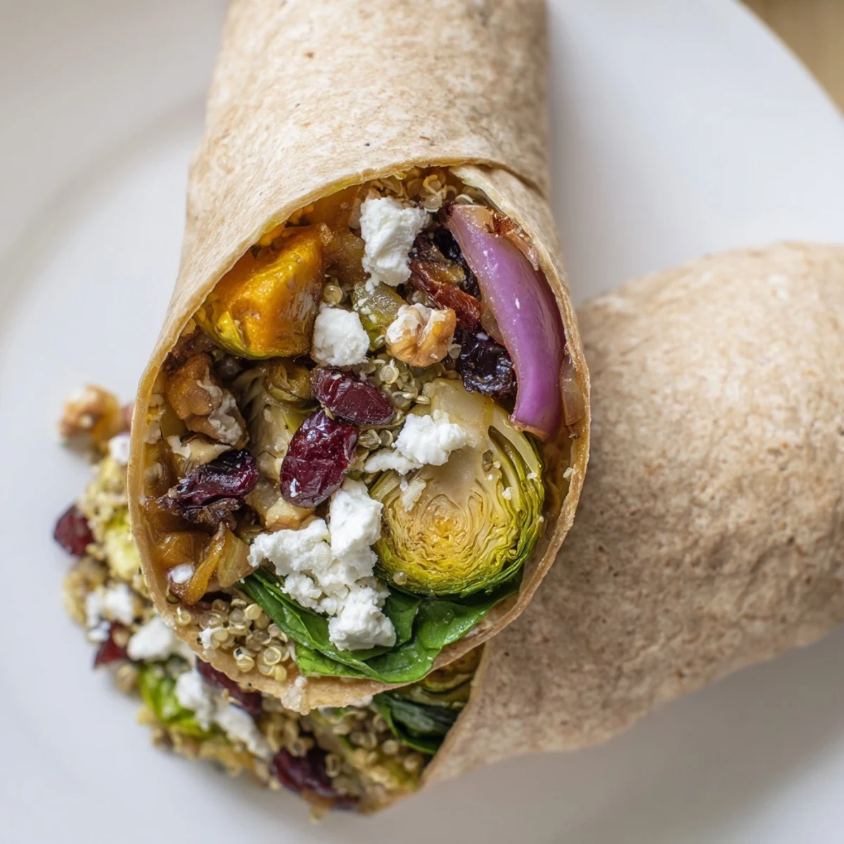 Golden-brown Roasted Brussels Sprouts & Cranberry Grain Wrap, with tender sprouts and a sweet cranberry filling.