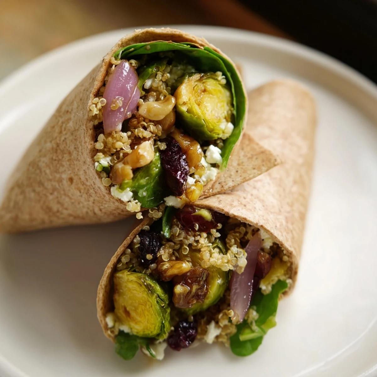 Warm whole wheat tortilla filled with vibrant Roasted Brussels Sprouts & Cranberry Grain Wrap, a satisfying vegan meal.
