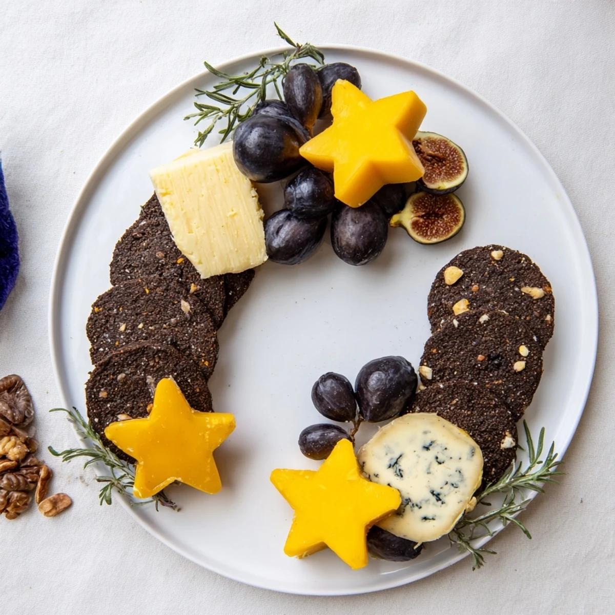 Visually appealing Crescent Moon & Stars Cheese Board with creamy cheeses and star-shaped gouda ready to enjoy.