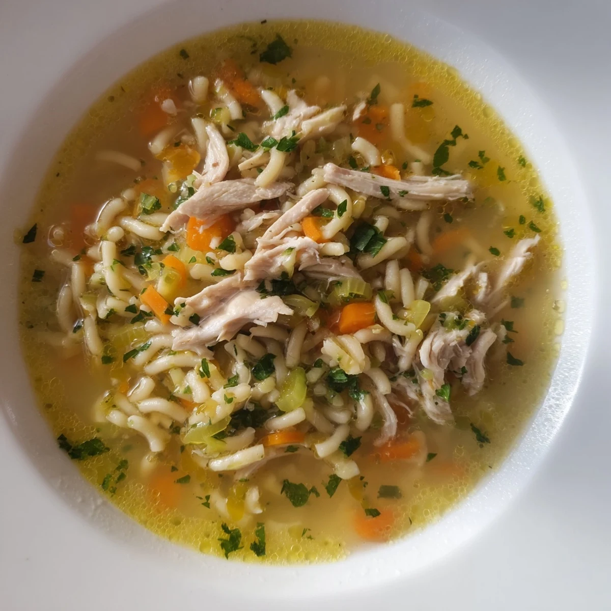 Steaming bowl of Chicken and Ditalini Flu Fighter Soup, perfect for a cozy, comforting dinner.