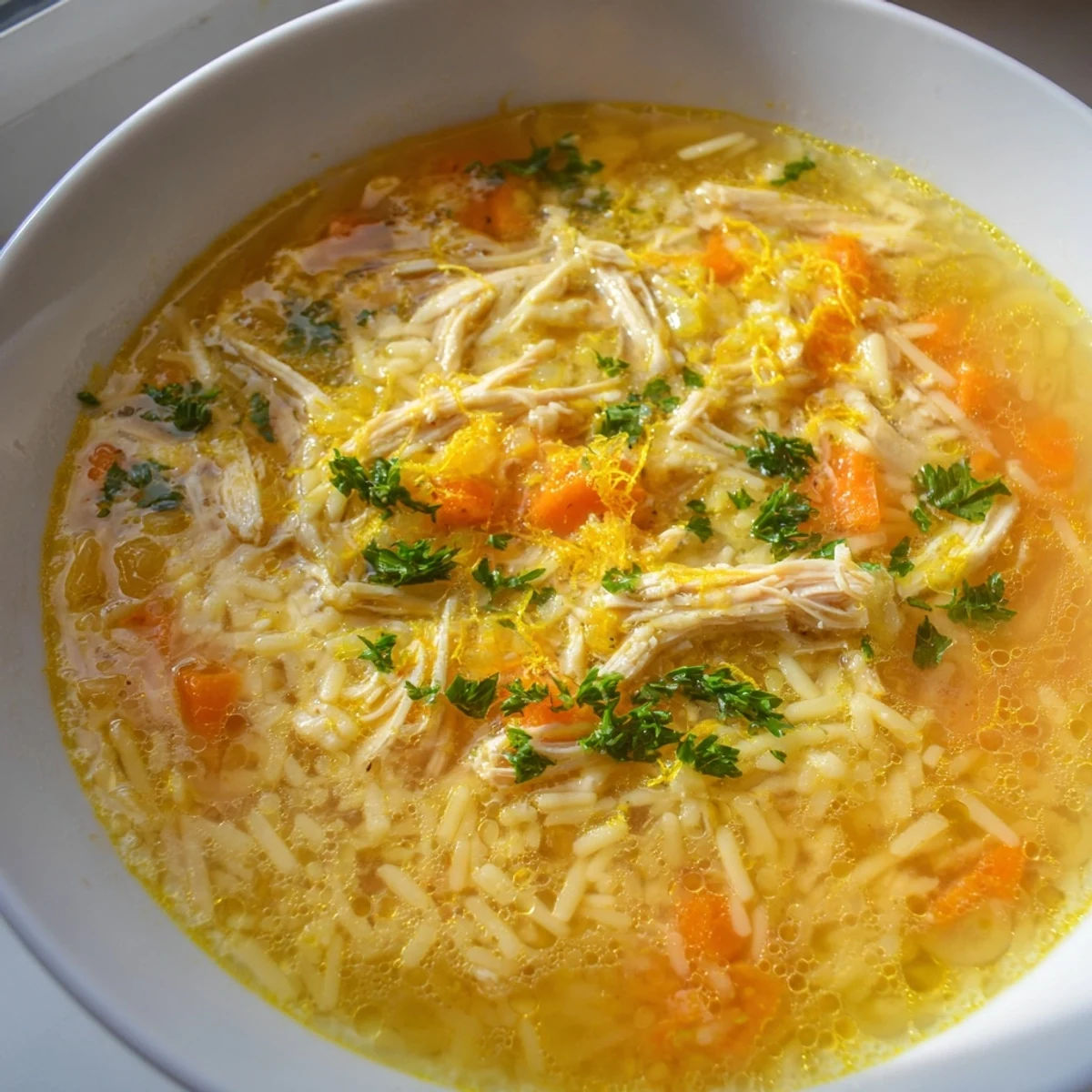 Golden-hued Chicken and Ditalini Flu Fighter Soup ready to serve, fragrant with ginger and herbs.