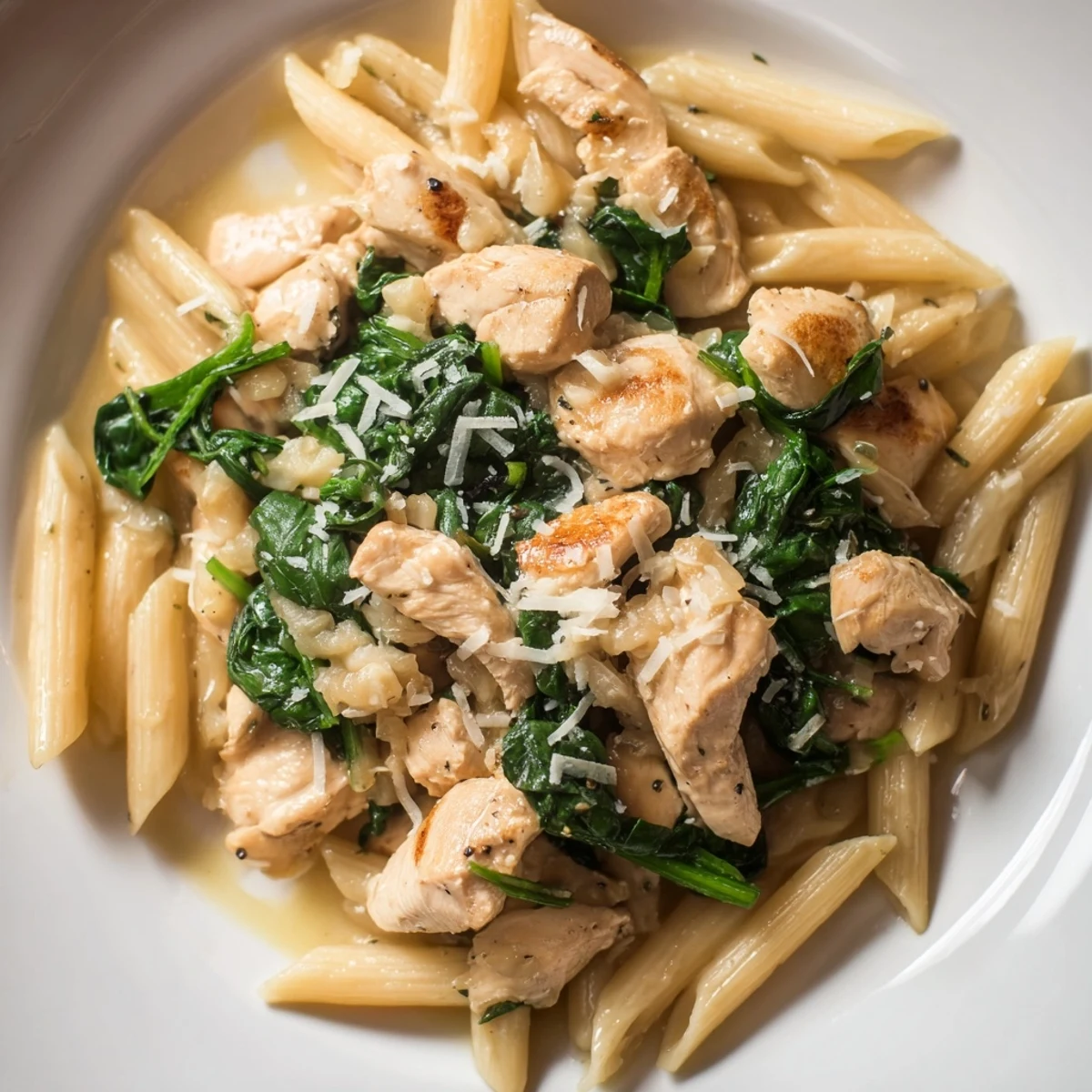 Golden-brown chicken pieces and delicious spinach in this easy one-pot spinach and chicken pasta recipe.