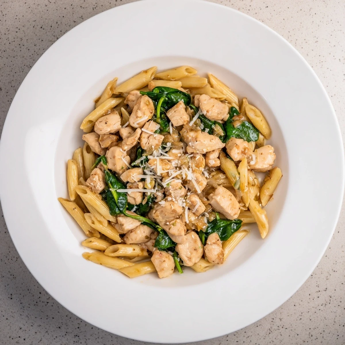 This photo features warm, comforting one-pot spinach and chicken pasta, perfect for a quick, healthy dinner.
