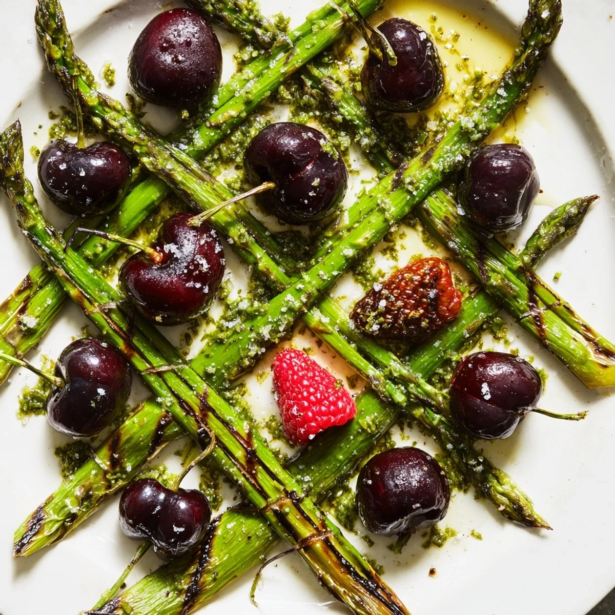 The Botanical Lattice appetizer showcases a woven asparagus grid filled with vibrant fresh berries.