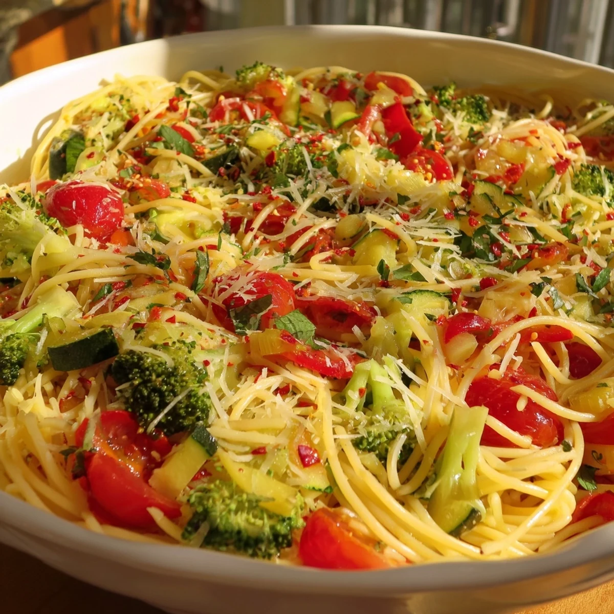 Vibrant bowl of Ditalini with Air-Fried Vegetables, ready to serve with Parmesan and fresh herbs.
