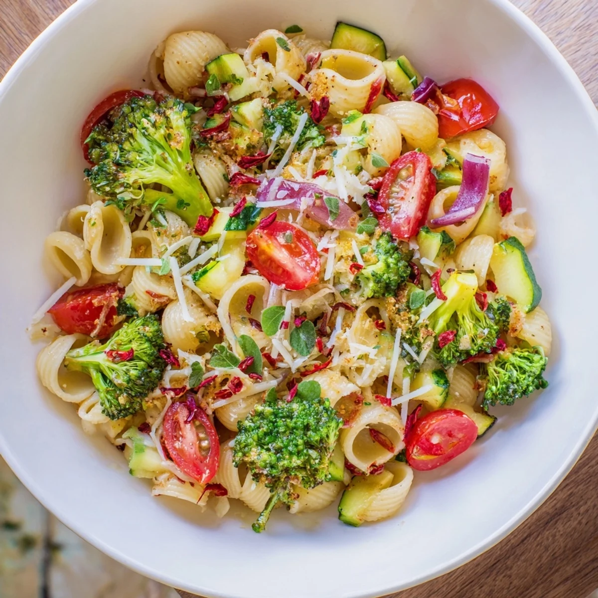Close-up photo of delicious Ditalini with Air-Fried Vegetables, showcasing tender vegetables and perfectly cooked pasta.