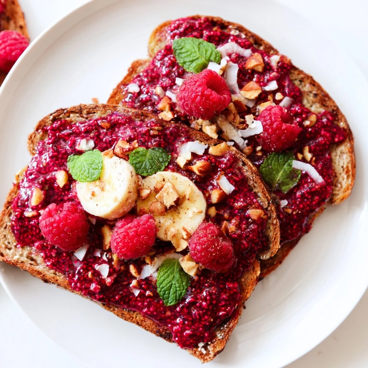 Vibrant raspberry chia jam toast, a delightful breakfast or snack, drizzled with maple syrup.