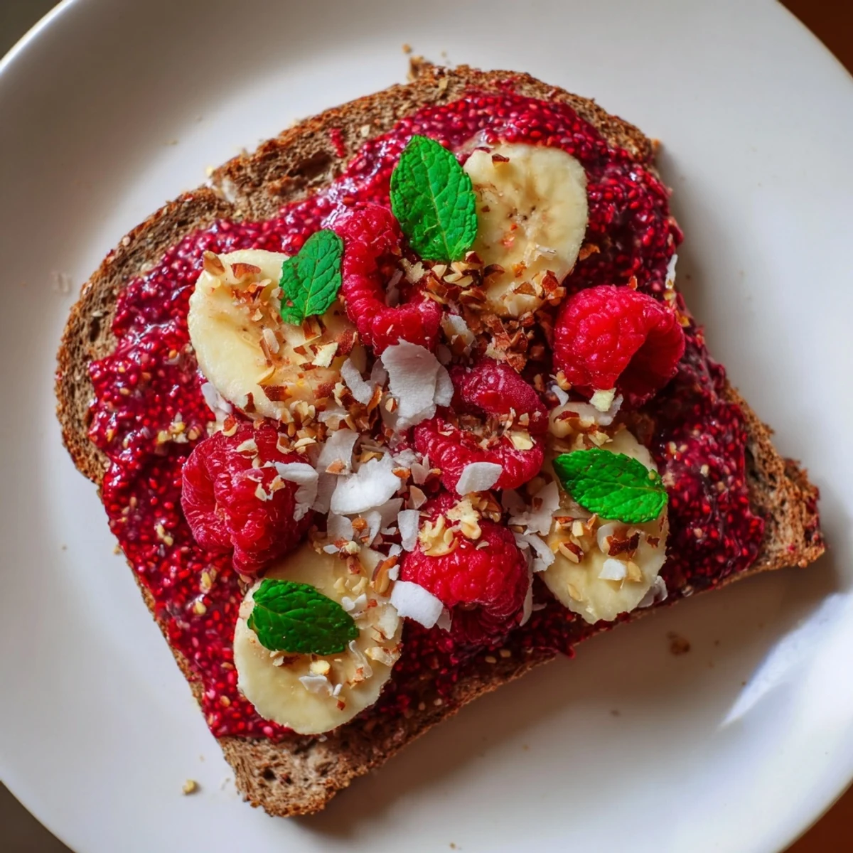 Warm, golden toast generously spread with sweet raspberry chia jam, ready to eat.