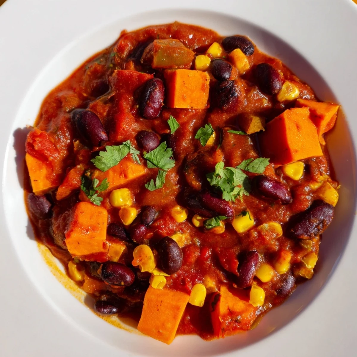 A close-up of hearty Smoky Sweet Potato Chili, showcasing chunky vegetables and a comforting, warm spice blend.