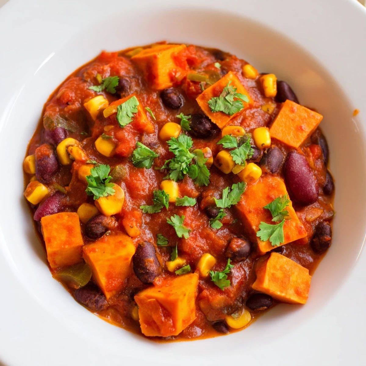 Warm, flavorful Smoky Sweet Potato Chili in a bowl, ready to serve with fresh cilantro and a lime wedge.