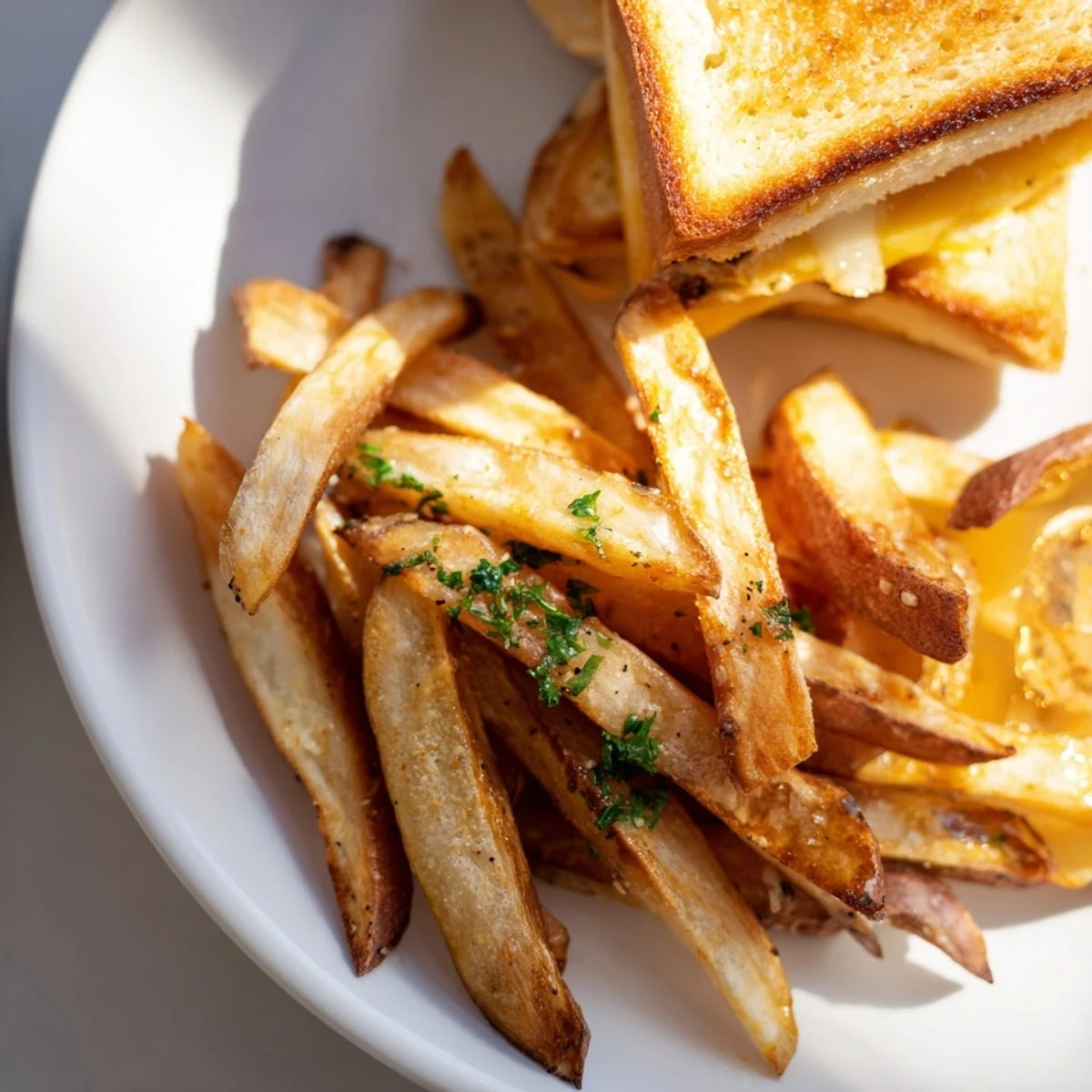 Golden-brown Beef Tallow French Fries with a bubbling grilled cheese, a true comfort meal.