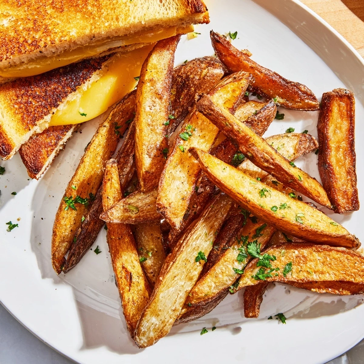 Crispy beef tallow French fries alongside a melty, cheesy grilled cheese sandwich; a delicious American classic.