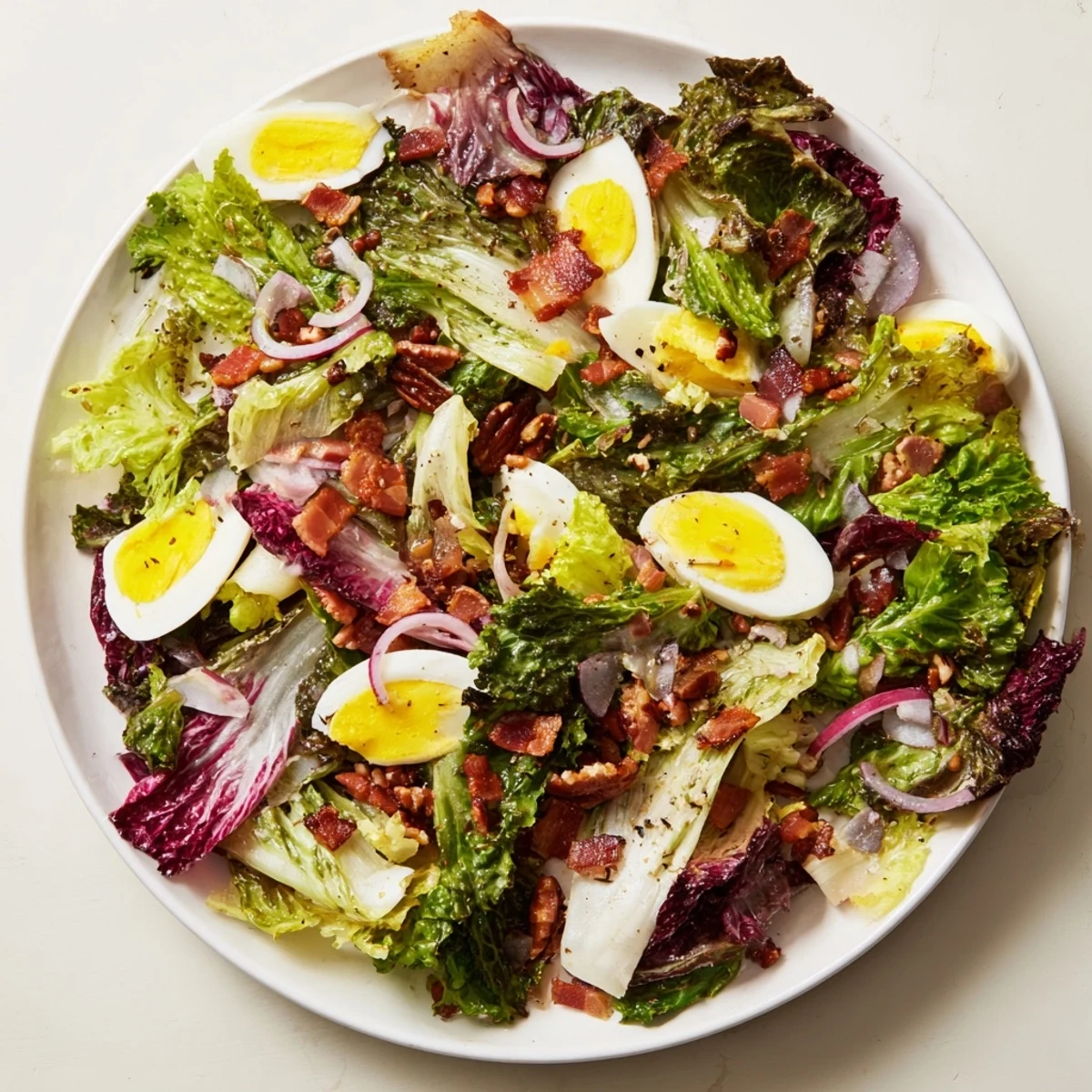 Fresh, vibrant Bitter Greens Salad with Warm Bacon Dressing, a delightful starter with bacon crumbles.