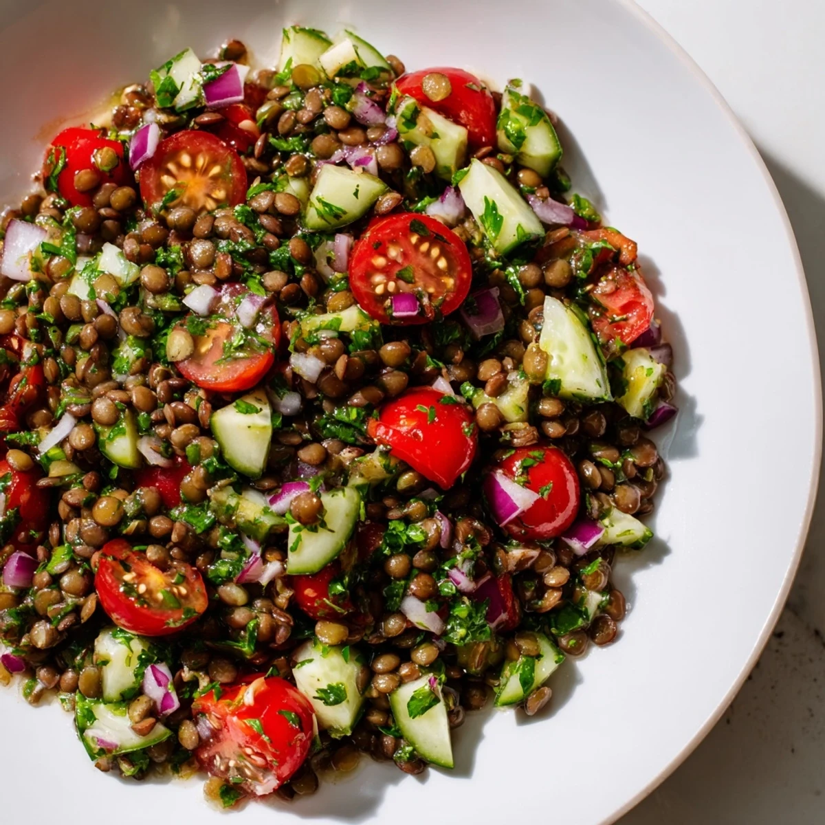 Tender lentils mingle with fresh veggies in this colorful lentil salad, ready to enjoy.