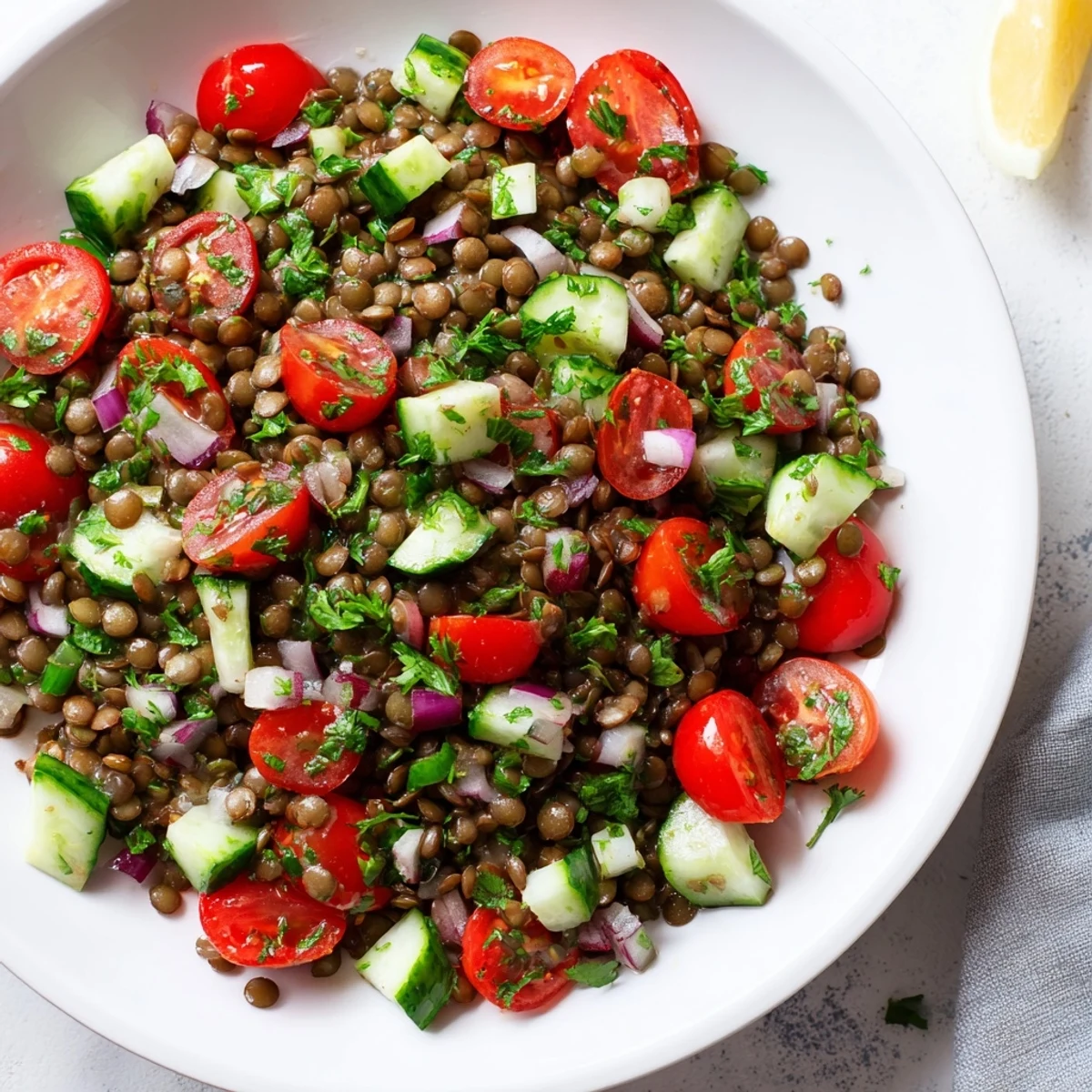 A refreshing bowl of lentil salad, tossed with a tangy vinaigrette, features bright tomatoes and cucumber.