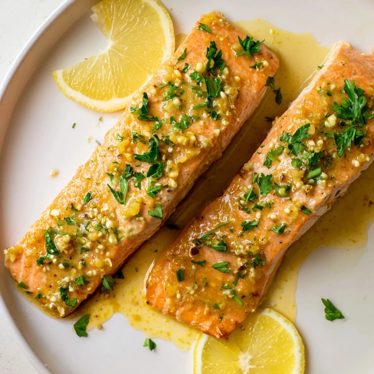 Golden-brown, baked honey mustard salmon, glistening with a sweet sauce on a parchment-lined baking sheet.