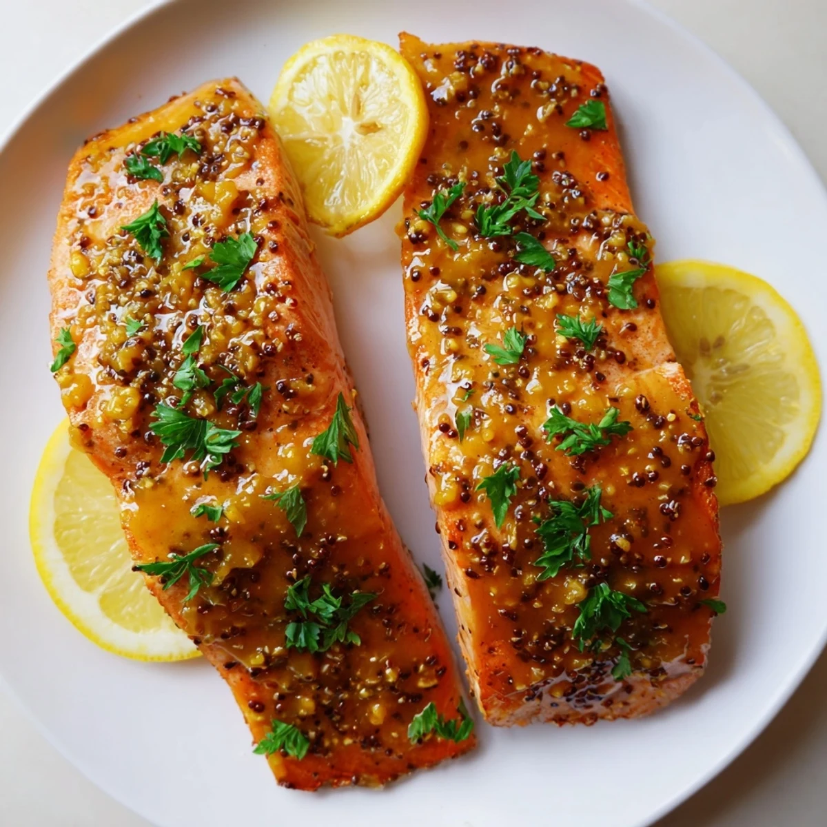 Close-up of succulent honey mustard salmon dinner, featuring a flaky salmon filet with a delicious glazed sauce.