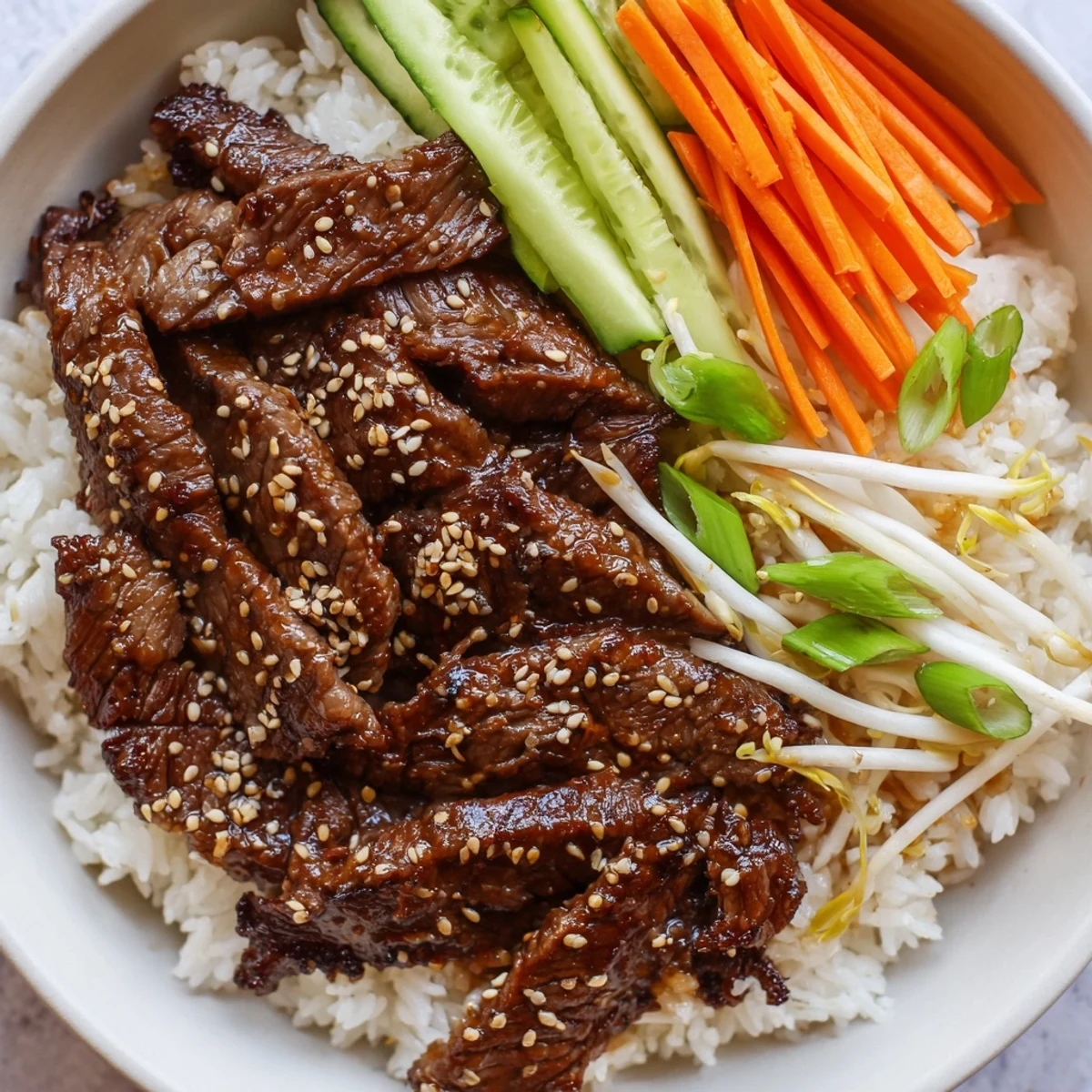 A colorful bulgogi beef bowl, showcasing tender beef with fresh vegetables and aromatic garnishes.
