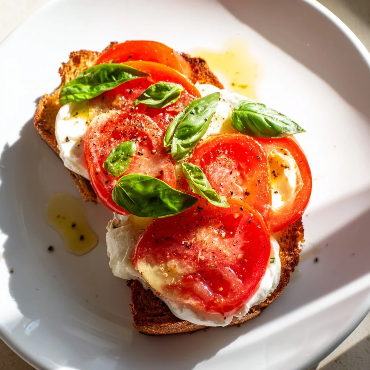 A close-up of Tomato Burrata Toast shows the creamy burrata, basil, and ripe tomatoes piled invitingly.